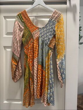 Multi-Color Patchwork Long-Sleeve Women's Dress Will fit M-L